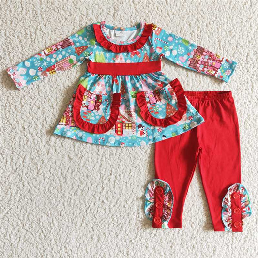 GLP0247 Girls Santa Claus house pocket long sleeve pants suit