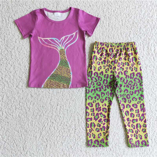 GSPO0199 Girls Mermaid Tail Short Sleeve Green Leopard Print Pants Set