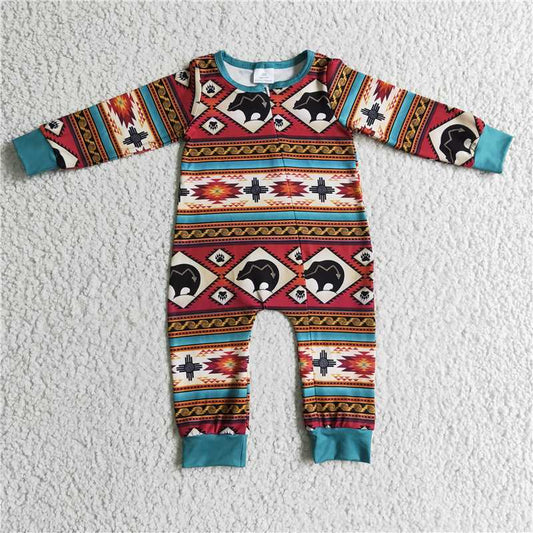 RTS LR0183 Boys Bear Geometric Brown Long Sleeve Bodysuit
