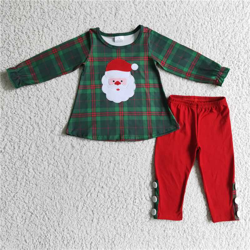 GLP0308 Girls' embroidered Santa Claus green plaid long-sleeved trousers suit