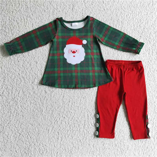 GLP0308 Girls' embroidered Santa Claus green plaid long-sleeved trousers suit