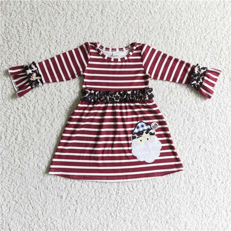 11.25 RTS NO MOQ （In stock）GLD0071 Baby girls Christmas wine stripe santa long sleeve dresses