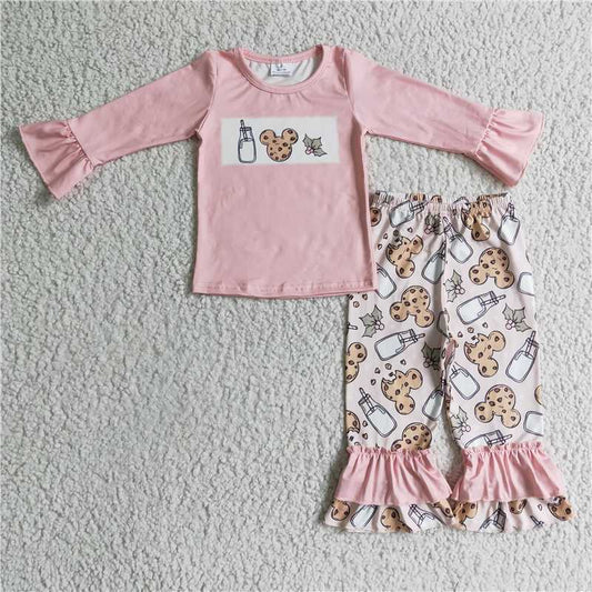 GLP0306 Girls Milk Mickey Cookie Pink Long Sleeve Pants Set