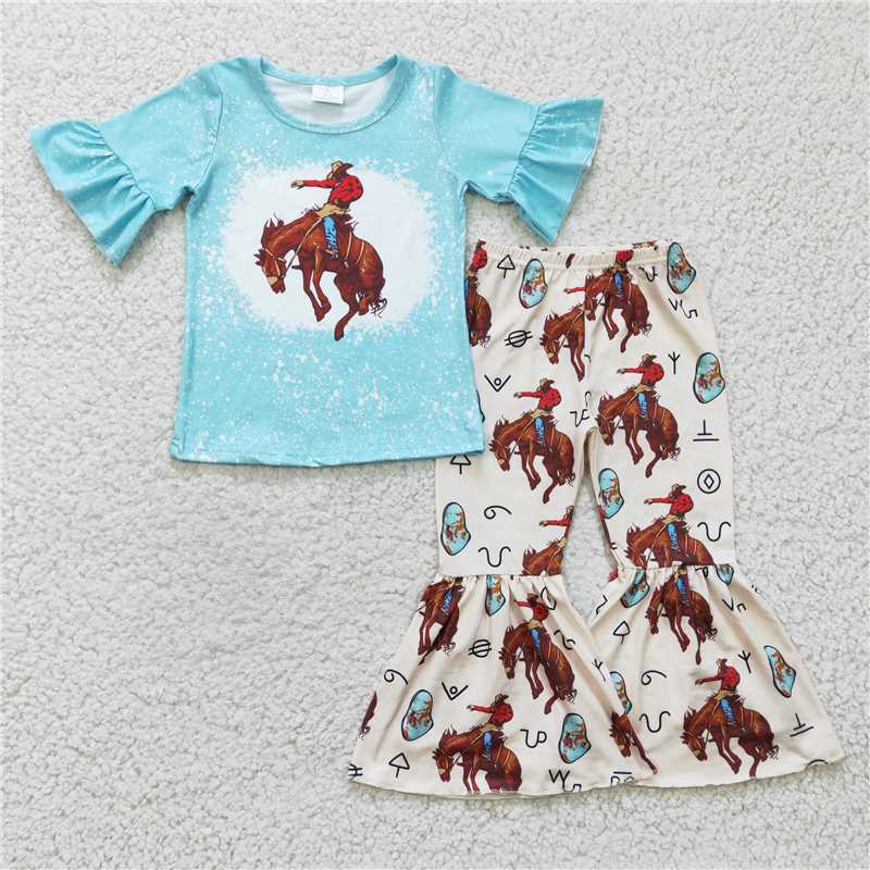 GSPO0336 Girls riding symbol blue short-sleeved trousers suit