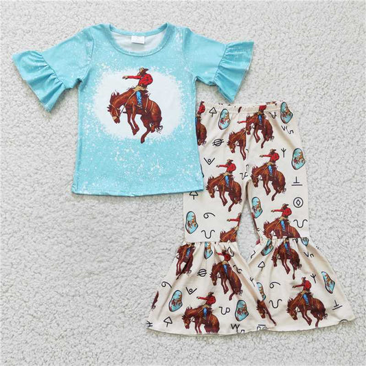 GSPO0336 Girls riding symbol blue short-sleeved trousers suit