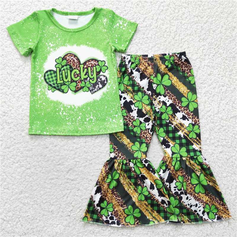 GSPO0356 Girls LUCKY green heart four-leaf clover short-sleeved trousers suit