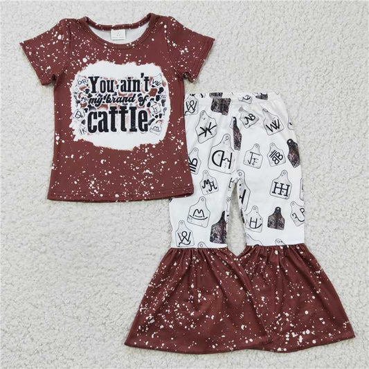 GSPO0355 Girls cattle symbol brown short-sleeved trousers suit