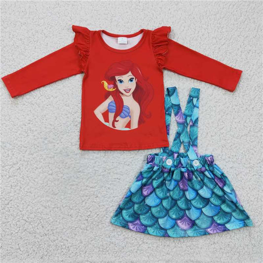 GLD0175Red shirt mermaid scale suspender skirt girls clothes