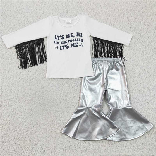 GLP0394Problem tassels shirt silver leather pants girls clothing set