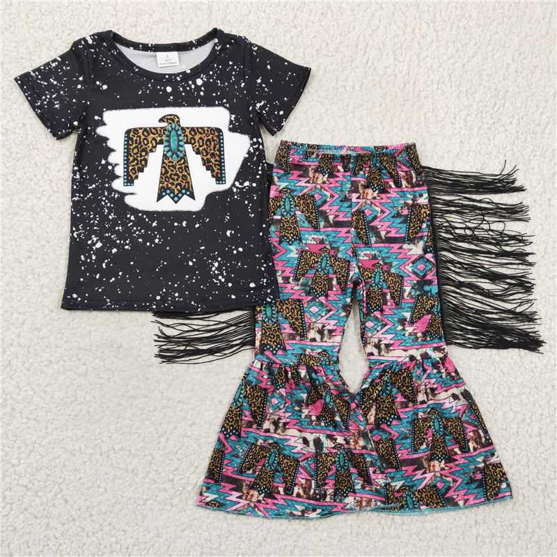 GSPO0209 Girls' leopard print gemstone eagle black short-sleeved tassel trousers set
