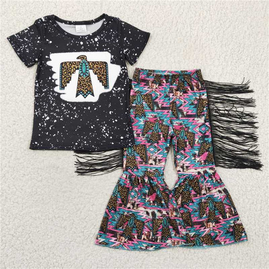 GSPO0209 Girls' leopard print gemstone eagle black short-sleeved tassel trousers set