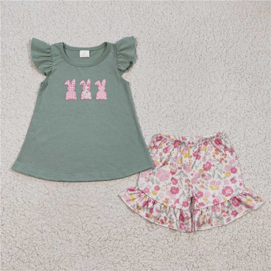 GSSO0160 Girls Embroidered Three Rabbits Flying Sleeve Flower Shorts Suit
