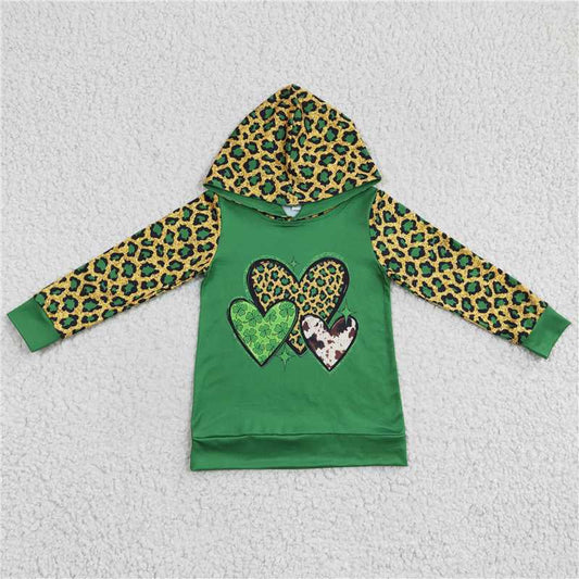 GT0074 Girls' leopard print heart green hooded long-sleeved top