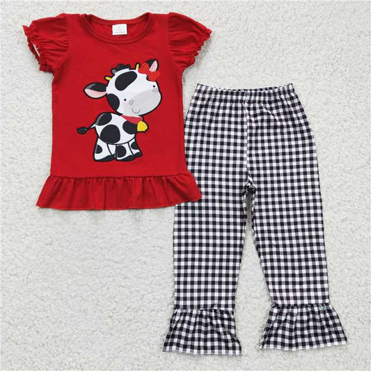GSPO0342 Girls Red short-sleeved plaid trousers suit with embroidered cow