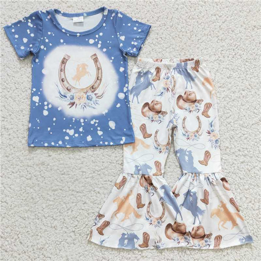 GSPO0410 Girls boots hat floral blue short-sleeved trousers suit
