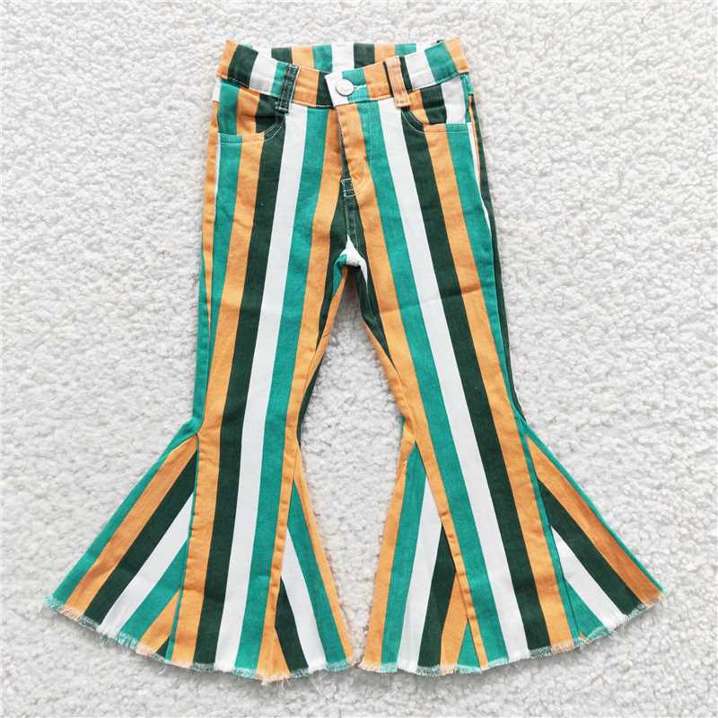 P0131  Baby Girls Green Mustard Stripes Denim Bell Pants