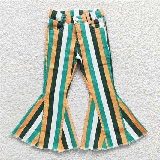 P0131  Baby Girls Green Mustard Stripes Denim Bell Pants