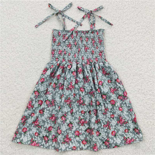 GSD0378 Rose Red Floral Green Elastic Dress