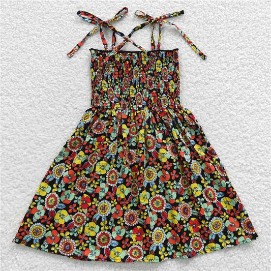 GSD0357  Baby Girls Black Flowers Elastic Knee Length Dresses