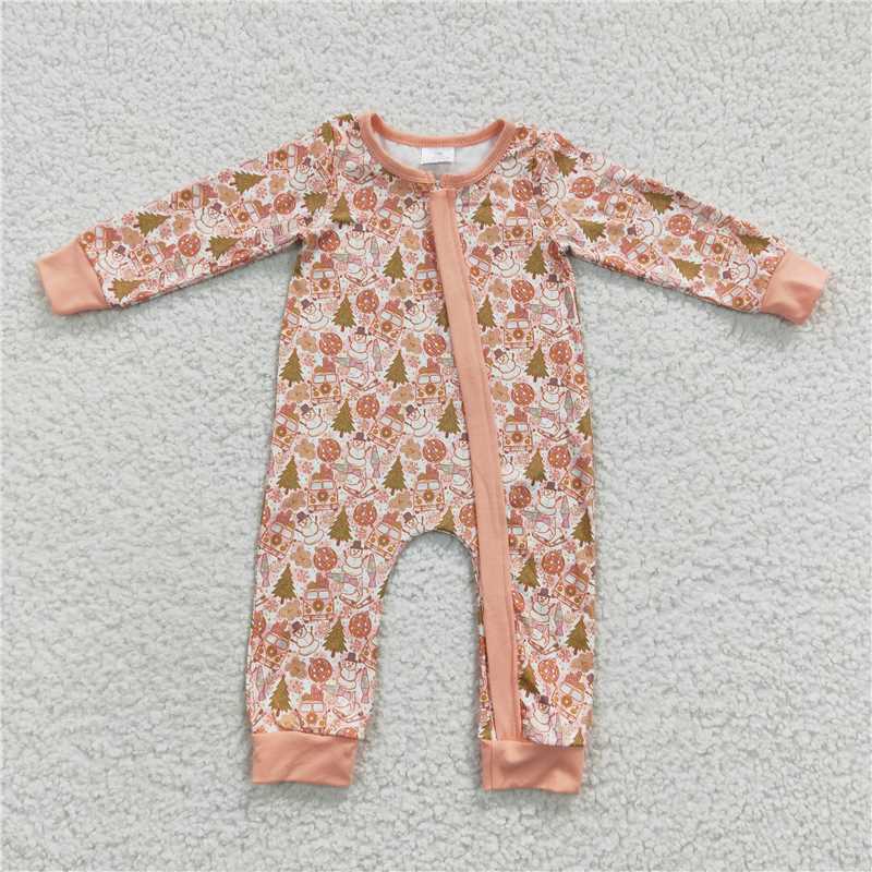 LR0295Christmas tree snowman zipper baby girls romper
