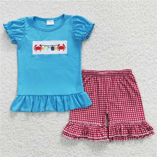 GSSO0274Crab shirt match plaid shorts kids girls summer clothes