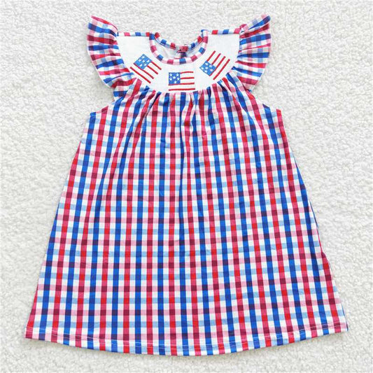 GSD0387  Flag embroidery smock plaid kids girls 4th of july dress