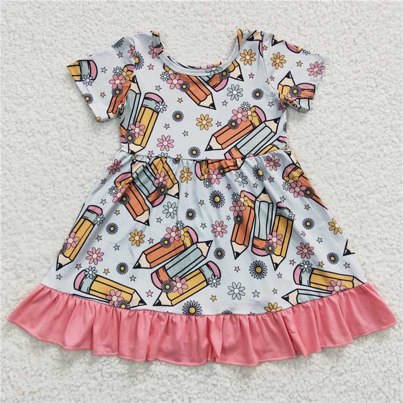12.27 RTS NO MOQ （In stock）GSD0379 Baby Girls Back To School Pencil Ruffle Knee Length Dresses