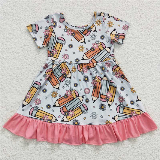 12.27 RTS NO MOQ （In stock）GSD0379 Baby Girls Back To School Pencil Ruffle Knee Length Dresses