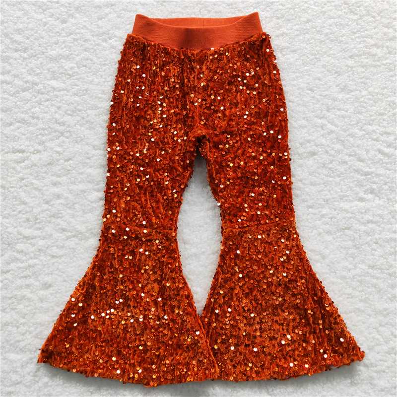P0147  Baby Girls Dark Orange Sequin Bell Bottom Pants
