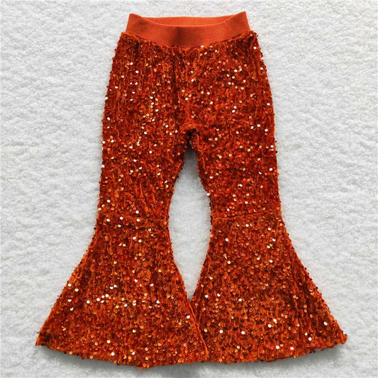 P0147  Baby Girls Dark Orange Sequin Bell Bottom Pants