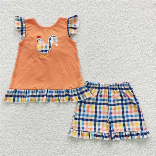 GSSO0313Flutter sleeves chicken top plaid shorts girls clothes