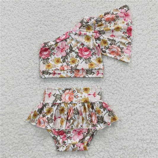 GBO0157 Baby Girls Flowers One Shoulder Bummie Sets