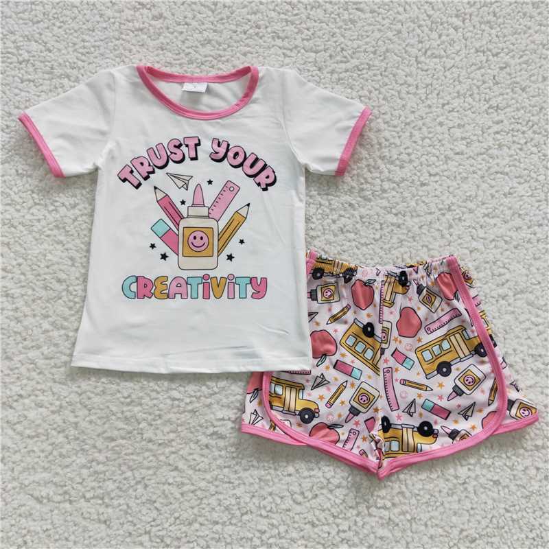 GSSO0336 back to school trust your creativity pencil short sleeve shorts girls set