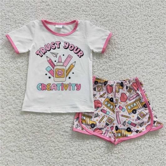 12.29 RTS NO MOQ （In stock）GSSO0336 Baby Girls Back To School Shirt Shorts Shorts Sets