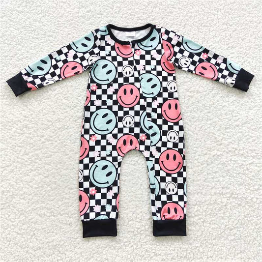 RTS LR0304 Smiley face plaid zipper long sleeve jumpsuit