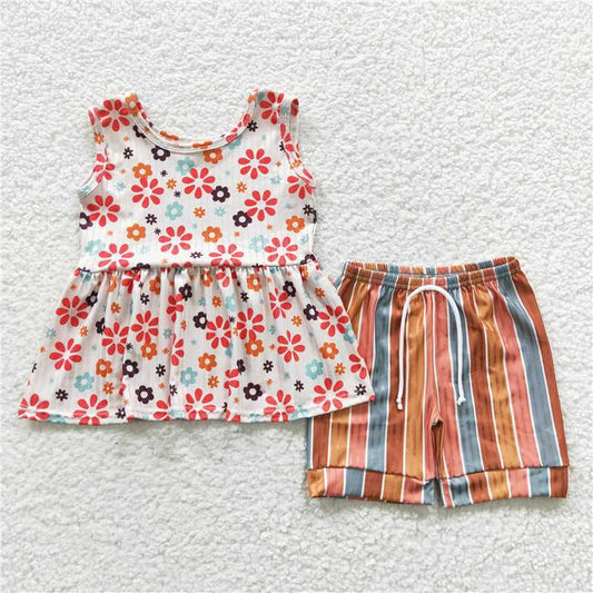 Baby Girls Flowers Tunic Stripe Shorts Clothes Sets