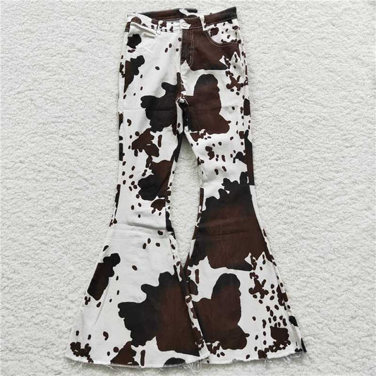 P0120  Adult Women Cow Print Denim Bell Pants Jeans