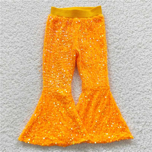 P0149  Baby Girls Light Orange Sequin Bell Bottom Pants