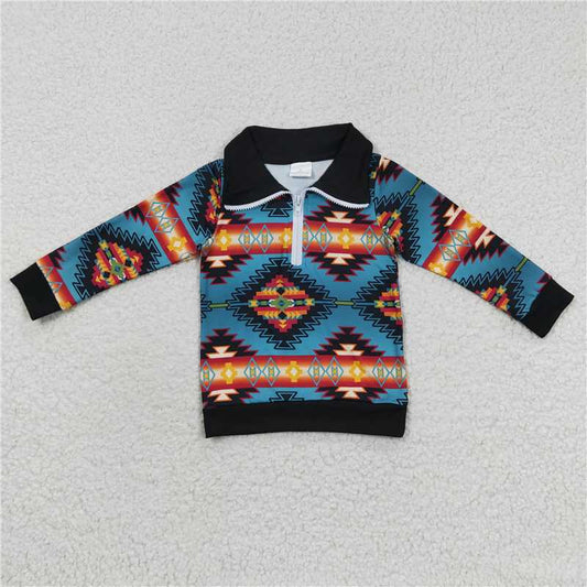 BT0227 Baby Boys Western Aztec Long Sleeve Zip Pullover Tee Tops