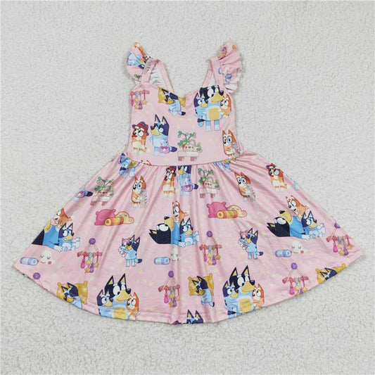 GSD0422 RTS NO MOQ Baby Girls Summer Dress Cartoon dog bluey bluey pink flying sleeve dress