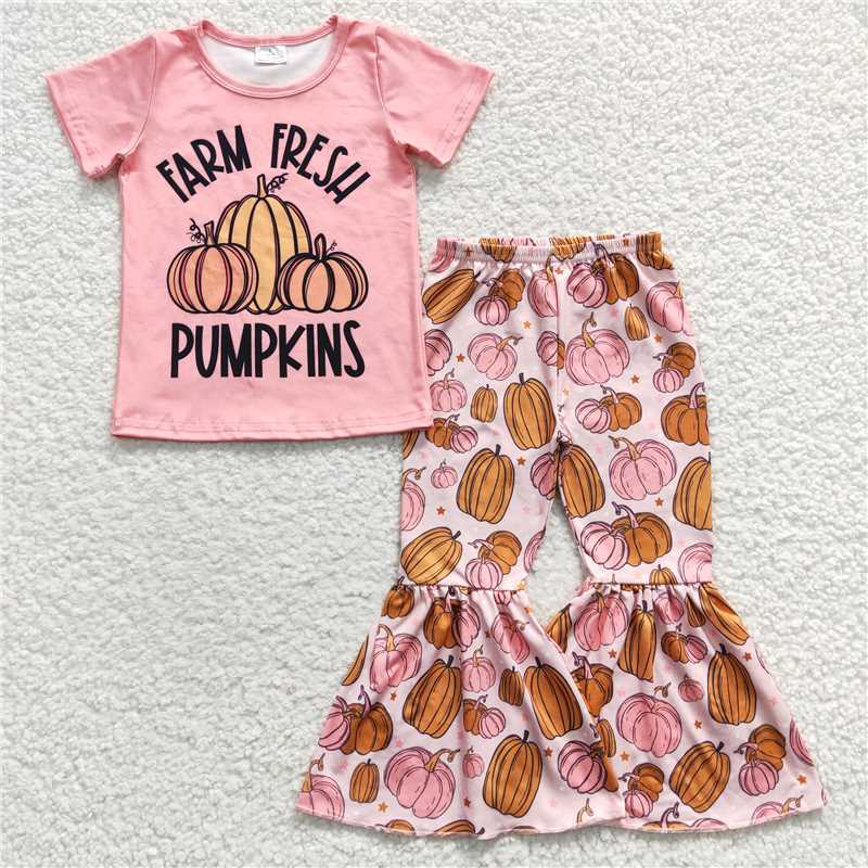 RTS NO MOQ （In stock） GSPO0607 Baby Girl Autumn Outfits PUMPKINS Pumpkin short-sleeved shorts set