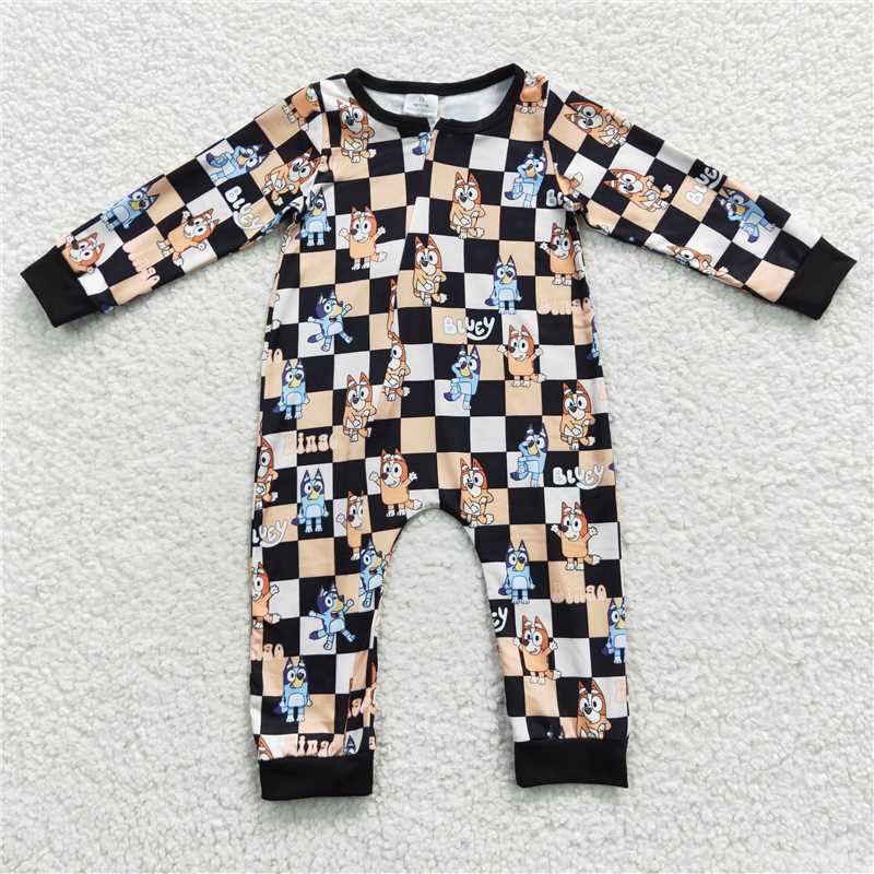 RTS LR0359 Cartoon bluey bluey orange and black plaid zipper long-sleeved jumpsuit