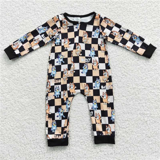 RTS LR0359 Cartoon bluey bluey orange and black plaid zipper long-sleeved jumpsuit