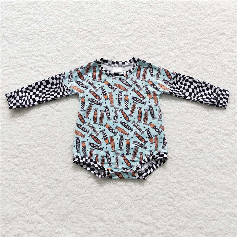 RTS LR0543 Skateboard smiley face plaid teal long-sleeved jumpsuit