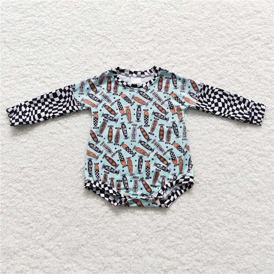 RTS LR0543 Skateboard smiley face plaid teal long-sleeved jumpsuit