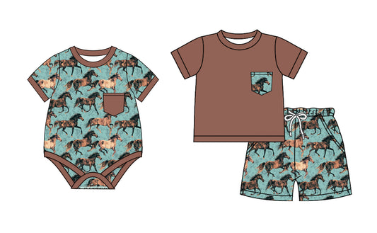 Kids Boys Short Sleeve Pocket Top with Horse Print Shorts - Casual Comfortable Clothing Set
