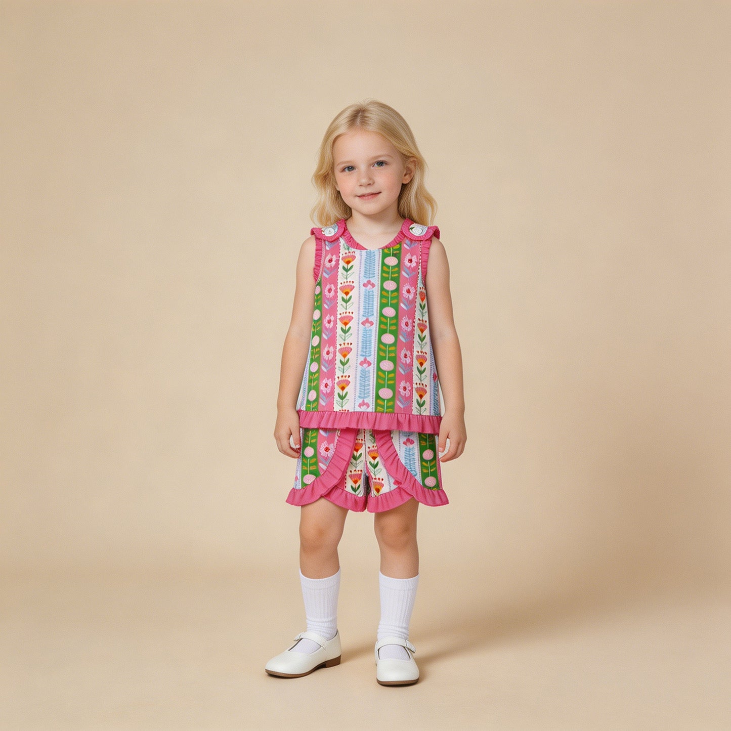 GSSO3676 RTS NO MOQ （In stock）Baby Girls Sleeveless Colorful Flowers Stripe Tunic Ruffle Short Clothes Set