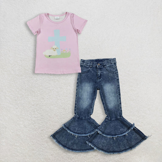 3.6 RTS NO MOQ （In stock）GT1394 + C5-15 Baby Girls Pink Short Sleeve Cross Sheep Easter T-shirts Top Denim Pants Jeans Clothes Sets