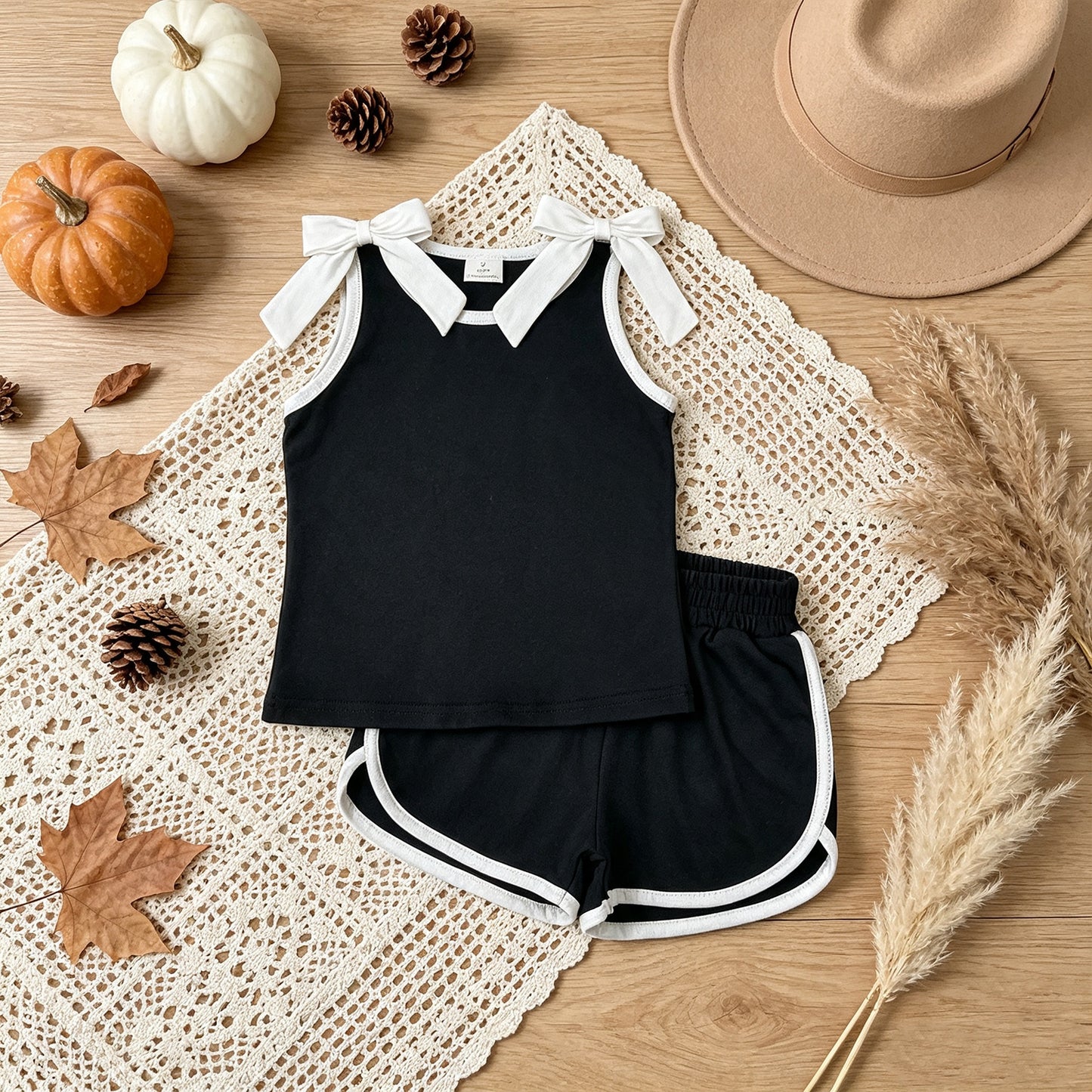 GSSO3817 RTS NO MOQ （In stock）cotton Baby Girls Black White Bows Sleeveless Top Short Clothes Sets
