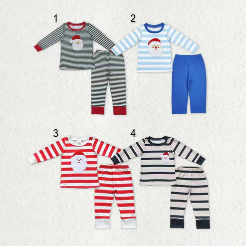 9.22 RTS Embroidery Santa Sibling Baby Boys Stripes Shirt Top Pants Christmas Pajamas Sets